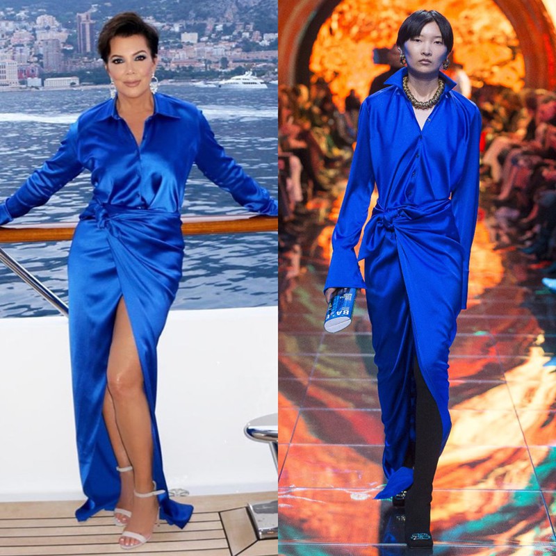 kris jenner blue dress wearing Demna Gvasalia's on Tommy Hilfiger's yacht Color:Seaglass colour: Floral How To Accessorize A