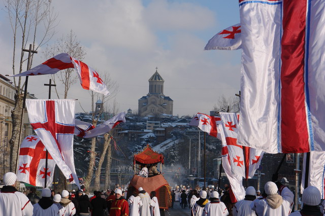 Tbilisi, Georgia. 7th Jan, 2016. Georgian people march during Alilo, a  religious procession, to celebrate the Orthodox Christmas in Tbilisi,  capital of Georgia, on Jan. 7, 2016. Georgians celebrate Christmas on Jan.